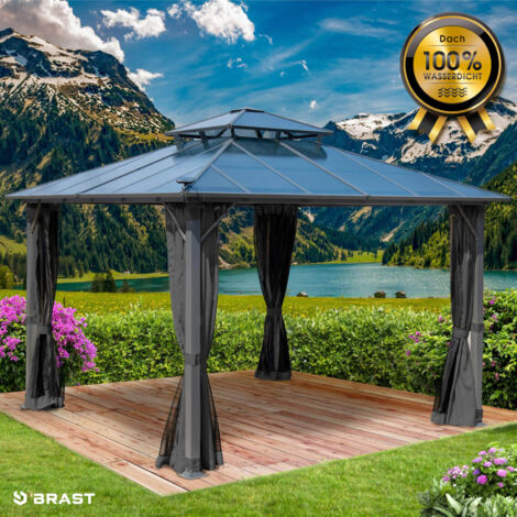 BRAST Pavillon Aluminium Pagode 3,5x3,5m Grau inkl. Moskitonetz   festes Dach   wasserdicht   stabil  UV-Schutz