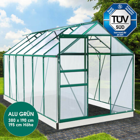 BRAST Gewächshaus Aluminium mit Fundament rostfrei TÜV geprüft 6mm Platten 380x190x195cm Grün (1/5)