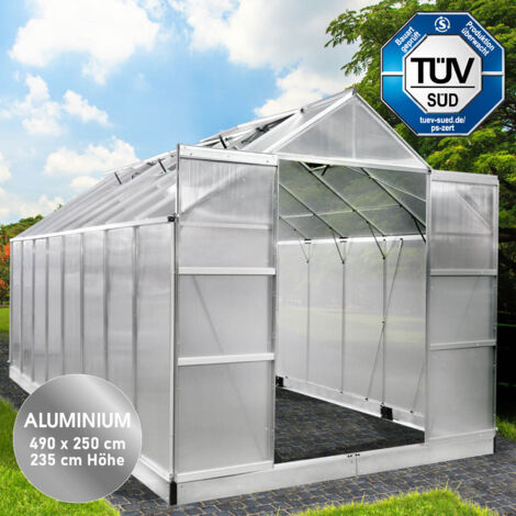 BRAST Gewächshaus Aluminium mit Fundament rostfrei TÜV geprüft 6mm Platten 490x250x235cm Silber