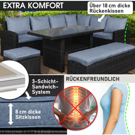 BRAST Gartenmöbel Set Eco   Schwarz/Blau   bis zu 9 Personen   inkl. extra Dicke Kissen   TÜV geprüft   Outdoor Loungemöbel Sitzgruppe Essgruppe Garnitur