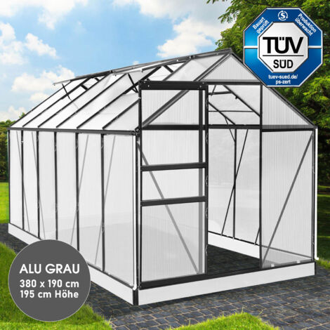 BRAST Gewächshaus Aluminium mit Fundament rostfrei TÜV geprüft 6mm Platten 380x190x195cm Grau