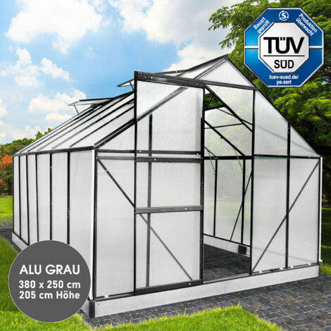 BRAST Gewächshaus Aluminium mit Fundament rostfrei TÜV geprüft 6mm Platten 380x250x205cm Grau