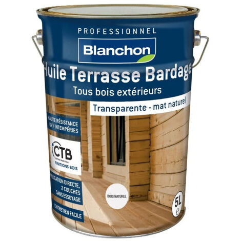 Blanchon – Huile pour bois extérieur ultra mat – Protection anti-UV – Application directe sur bois neuf – Effet perlant – 5 L
