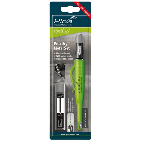Crayon traçage pour métal – Mine en métal dur 2,8 mm – Largeur de trait 2,5 mm – Étui avec clip et taille-crayon intégré – Pica