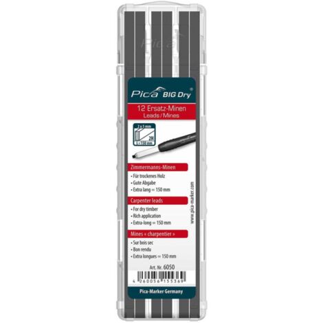 Mines Pica Big Dry pour bois sec – Étui de 12 pièces – Forme rectangulaire 2 x 5 mm – Longueur 150 mm – 6050 – Pica Marker