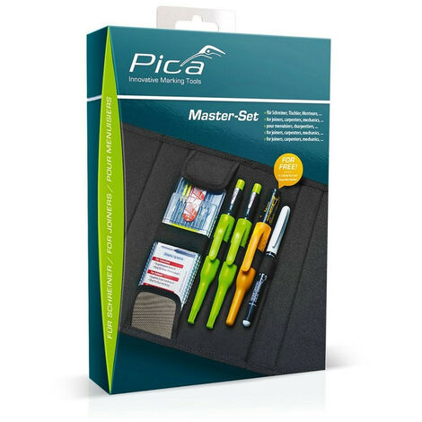 Set de 7 outils de marquage pour menuisiers – Crayons Pica Dry et Fine Dry – Marqueurs Pica Classic et permanent – Pochette avec fermeture Velcro – Pica Marker