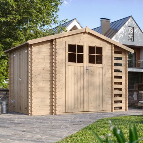 Wooden Garden Shed and Log shed, 19 mm planks -Outdoor garden shed with impregnated floor- Wooden Shed - H218 x 328 x 206 cm / 5.47 m2 , Bike storage, Waterproof roof - TIMBELA M389F+M389G