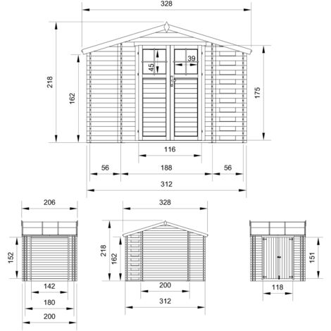 Wooden Garden Shed and Log shed, 19 mm planks -Outdoor garden shed with impregnated floor- Wooden Shed - H218 x 328 x 206 cm / 5.47 m2 , Bike storage, Waterproof roof - TIMBELA M389F+M389G