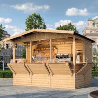 Wooden Market Stall, Wooden House Ideal as a Garden Bar or Retail Stand with Counter, FIVE WINDOWS, 263 x 336 cm, Quality Shiplap Pop-Up Kiosk for Outdoor Events TIMBELA M150B