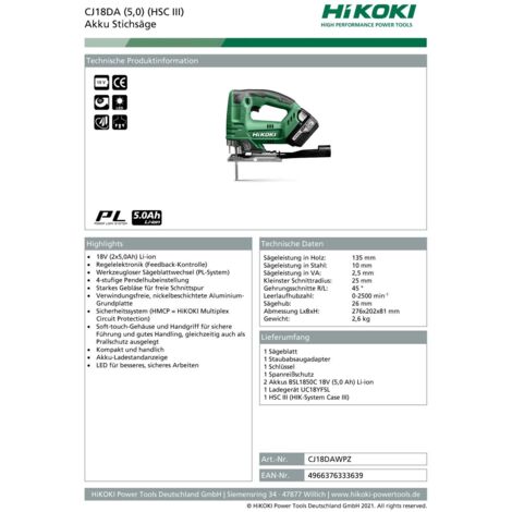Scie Sauteuse 18v Hikoki Cj18dawpz 2 X 5,0ah En Coffret