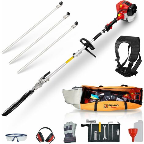 BU-KO 52cc Long Reach Petrol Hedge Trimmer and 3x 75cm Extension Pole w/Toolbag for Convenient Storage, Precision Trimming for Tall Hedges & Bushes, Easy to Use, High Performance, Durable Steel Blade