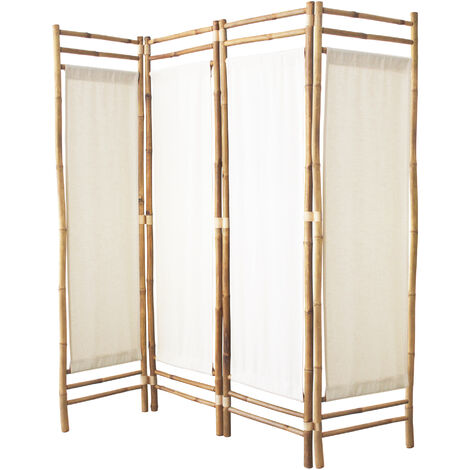 Paravent en polycoton et bambou - Naturel - Blanc - 4 Panneaux en coton - 160x160 cm
