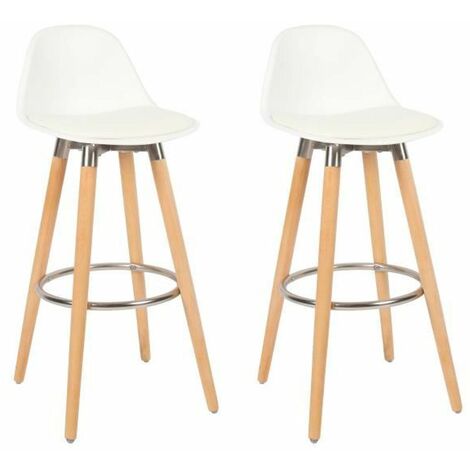 Lot de 2 tabourets blanc pieds en bois naturel 39,5x44x91cm - BOX & BEYOND (1/5)