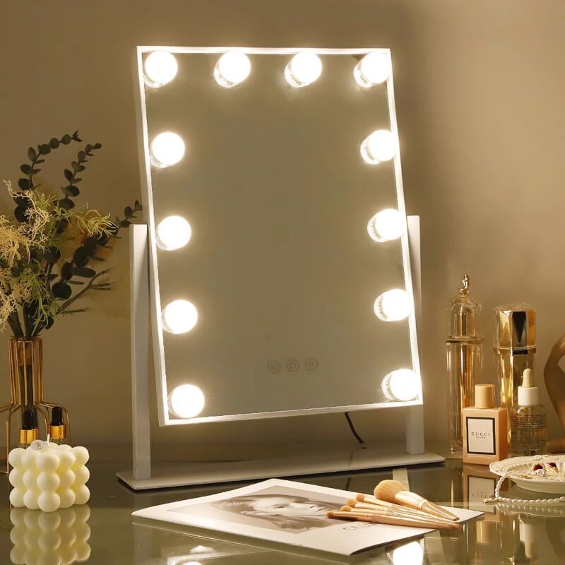 Miroir de maquillage éclairé LED 3 Couleurs Luminosité Ajustables 12  ampoules LED dimmables Blanc 30cm x 41cm FENCHILIN