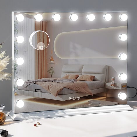Miroir de maquillage LED avec lampe Hollywood miroir de maquillage intelligent contrôle tactile 3 couleurs dimmable 15 ampoules blanc 58cm x 46cm FENCHILIN