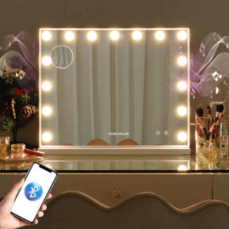Miroir Hollywood avec lampe et Haut - parleur Bluetooth miroir de maquillage avec 15 ampoules LED dimmables dressing et chambre à coucher, bureau ou support mural blanc 58cm x 46cm FENCHILIN