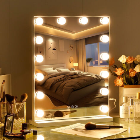 Miroir Maquillage avec 14 Ampoules LED Miroir Coiffeuse Lumineux Grand mirroir maquilleur Lumineux avec 3 Modes déclairage Miroir Hollywood Coiffeuse Blanc 40cm x50cm FENCHILIN
