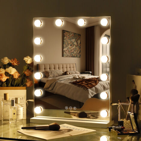 Miroir Maquillage avec 14 Ampoules LED Miroir Coiffeuse Lumineux Grand mirroir maquilleur Lumineux avec 3 Modes déclairage Miroir Hollywood Coiffeuse Blanc 40cm x50cm FENCHILIN