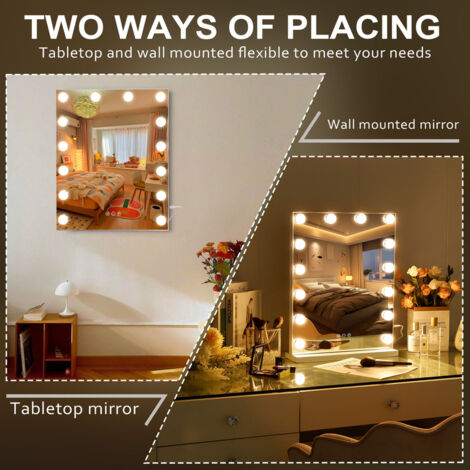Miroir Maquillage avec 14 Ampoules LED Miroir Coiffeuse Lumineux Grand mirroir maquilleur Lumineux avec 3 Modes déclairage Miroir Hollywood Coiffeuse Blanc 40cm x50cm FENCHILIN