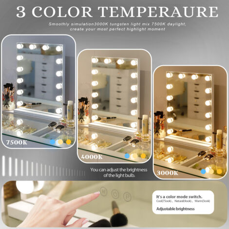 Miroir Maquillage avec 14 Ampoules LED Miroir Coiffeuse Lumineux Grand mirroir maquilleur Lumineux avec 3 Modes déclairage Miroir Hollywood Coiffeuse Blanc 40cm x50cm FENCHILIN