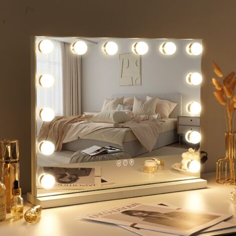 Miroir Maquillage avec 14 Ampoules LED Miroir Coiffeuse Lumineux Grand mirroir maquilleur Lumineux avec 3 Modes déclairage Miroir Hollywood Coiffeuse Blanc 50cm x42 cm FENCHILIN