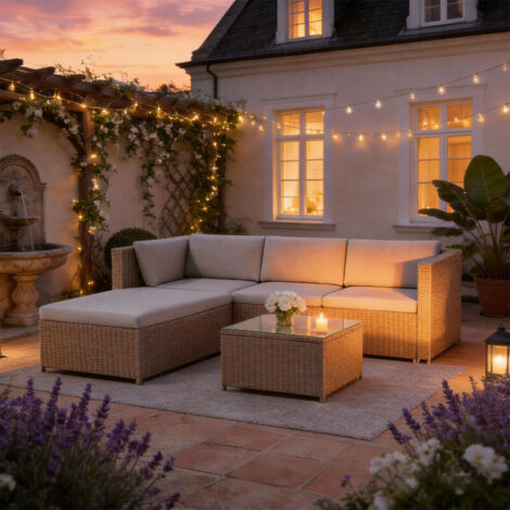 Ensemble de canapés de salon en polyrotin, mobilier de jardin de salon, canapé d'angle, ensemble de canapés avec coussins d'assise et de dossier, table de salon avec plateau en verre, kaki (1/5)