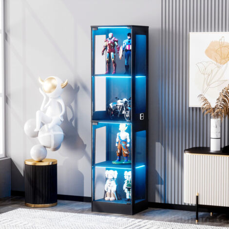 FENCHILIN Vitrine à quatre étages, équipée d'un espace de rangement, d'un éclairage LED, de portes vitrées et de capteurs intelligents. Vitrine anti-poussière, couleur noire. 40x35x165cm (1/5)