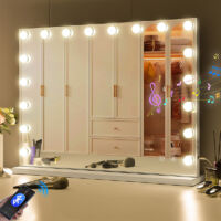 Fenchilin – Miroir sur pied Hollywood 80x60 cm avec 18 ampoules LED dimmables – Haut-parleur Bluetooth intégré – Miroir grossissant 10x détachable