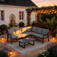 FENCHILIN Ensemble de mobilier de jardin, configuration en L, pouvant accueillir jusqu'à 6 personnes, accoudoirs et dossiers tressés, tubes en acier galvanisé, comprenant un canapé d'angle et une tabl