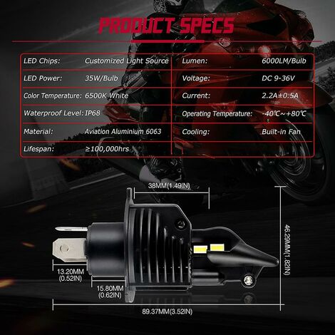Motorrad-Scheinwerfer, H4-LED, 6000 lm, 6500 K, Motorrad-Licht, 35