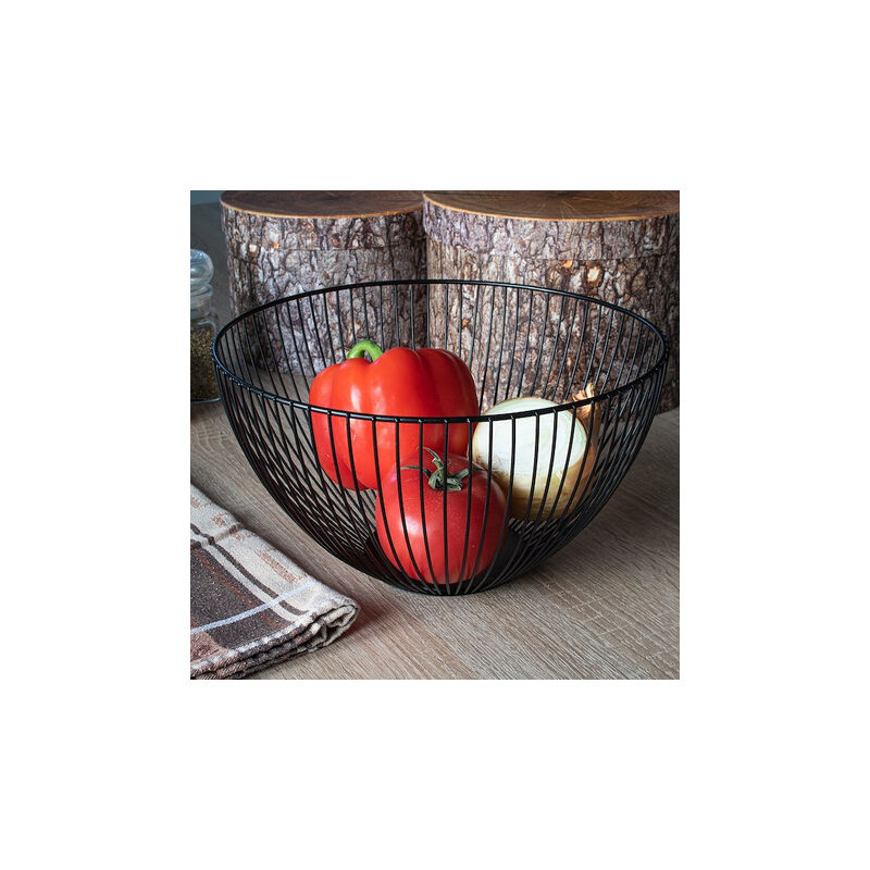 SUBTLETY Cestino Portafrutta A 2 Ripiani In Acciaio, Con Manico In Legno, 27x17x30 Cm, Nero, Per Frutta, Verdura E Snack
