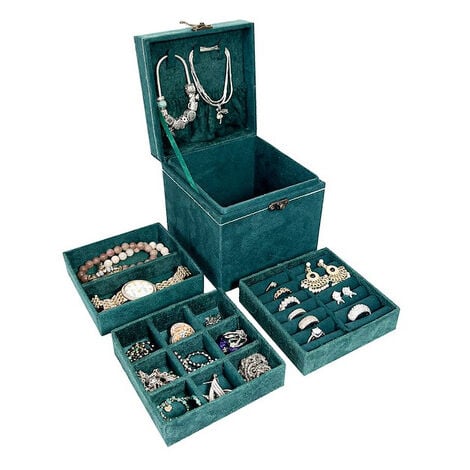 La scatola per gioielli 12x12x12 cm, con scomparti e specchietto