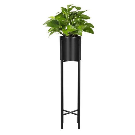 Espositore per fiori in metallo nero con vaso, altezza 74 cm