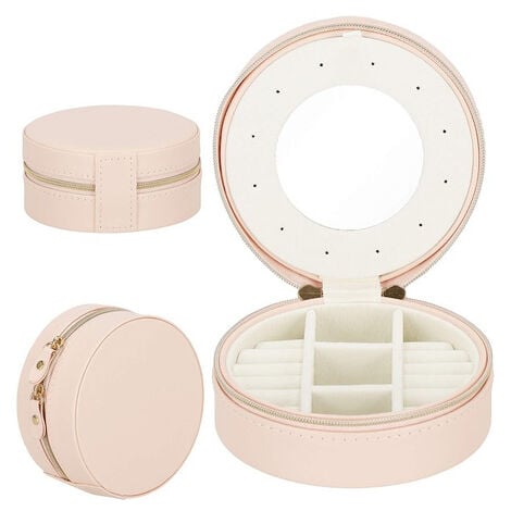 Scatola per gioielli tonda 11x5 cm, valigetta di colore rosa chiaro con  scomparti in ecopelle.