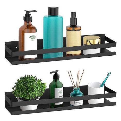 Mensole da bagno in lega di alluminio nero Mensole da doccia sospese in diverse larghezze di 30 × 9 cm e 30 × 11,5 cm dotate di portasciugamani con 2 ganci in