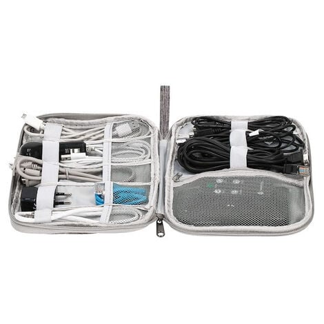 Organizzatore per cavi, custodia per dispositivi elettronici, borsa da  viaggio grigia di dimensioni 25x19x2 cm.