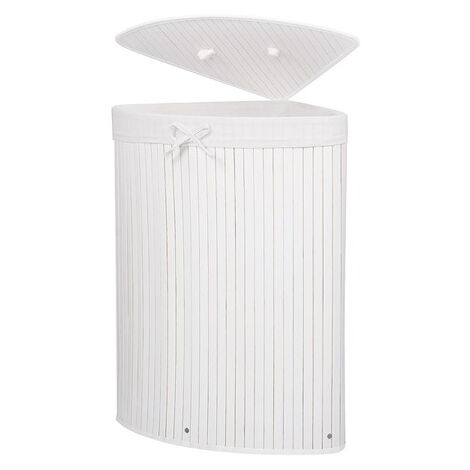Cesto per il bucato da 73 litri con contenitore ad angolo e sportello in bambù naturale bianco (1/5)