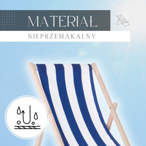 Sedia a sdraio pieghevole da spiaggia, in legno con tessuto a righe bianco-azzurre.