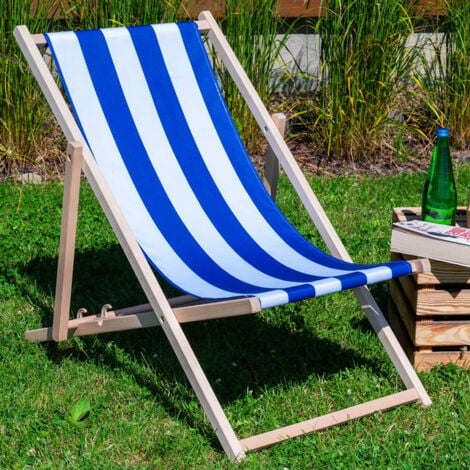 Sedia a sdraio pieghevole da spiaggia, in legno con tessuto a righe bianco-azzurre.