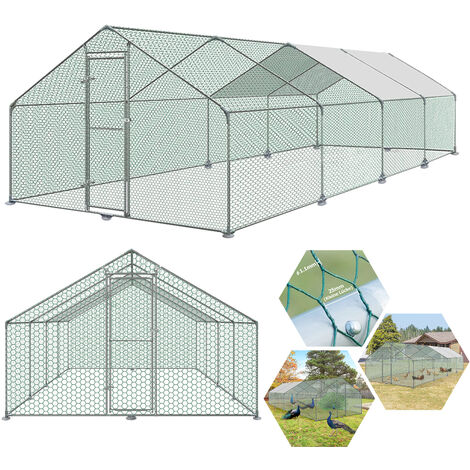 Poulailler Extérieur Aufun 3x8x2m - Clôture Acier Galvanisé Avec Filet PEHD - Serrure - Toile D'Ombre PE - Pour Poules, Lapins, Petit Animaux