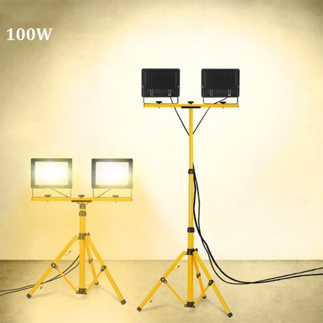 Aufun Lot De 2 Spots LED Chantier 100W Avec Trépied - IP66, Blanc Chaud, Câble 3m