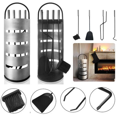 HENGMEI Lot de 5 accessoires de cheminée en acier inoxydable avec support,  balai, pinces, tisonnier et pelle à cendres pour poêle à bois Noir :  : Bricolage