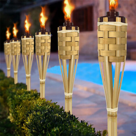AUFUN Set de 24 flambeaux de jardin, flambeau de jardin en bambou,avec mèche, flambeau d'ambiance pour l'extérieur, hauteur : 90 cm