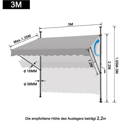 AUFUN Store banne manuelle Store pour balcon(300cm,Gris clair)