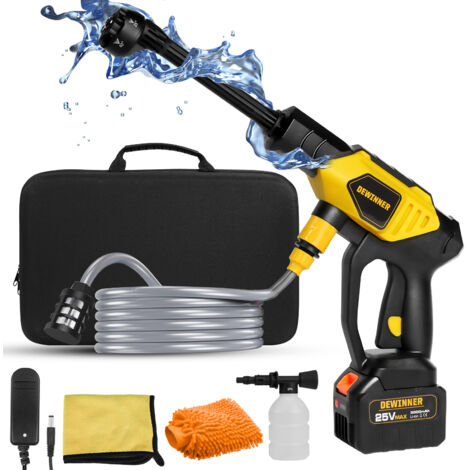 Dewinner – Nettoyeur haute pression électrique 650 PSI – Batterie 3000 mAh – Débit 4 L/min – Tuyau 4,8 m – Buse 6 en 1 pour surfaces variées