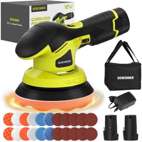 Dewinner – Polisseuse voiture professionnelle sans fil 12V avec 2 batteries 2000mAh – Vitesse variable 2500-5000 tr/min – Kit 22 pièces pour polissage