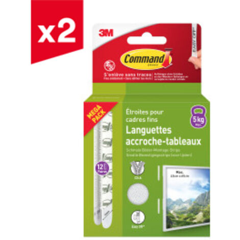 Command ™ Lot de 2 Languettes Accroches Tableaux Moyen Modèle - 12 Paires (24 Languettes) Blanc par pack- Supporte jusqu'à 5 kg - Sans Outils - Fixation sans Dommages