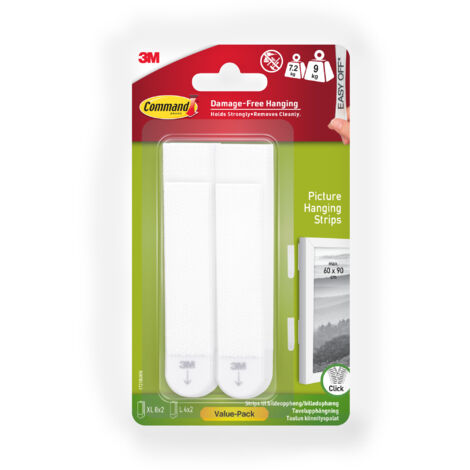 Languettes accroches tableaux Command™, blanches, larges (L) et extra larges (XL) pour cadres lourds pesant 7,2 kg et 9 kg, 4 paires L+8 paires XL, 12 paires (1/4)