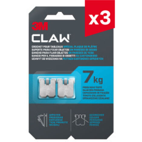 Lot de 3 crochets pour tableaux spécial plaque de plâtre 3M CLAW™ 7 kg, 4 crochets