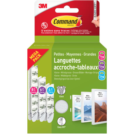 Command™ languettes accroche tableaux, multi-pack, 8 x petites, 6 x moyennes, 4 x grandes, blanches - Facile à appliquer sans clou, sans vis ni outil (1/3)